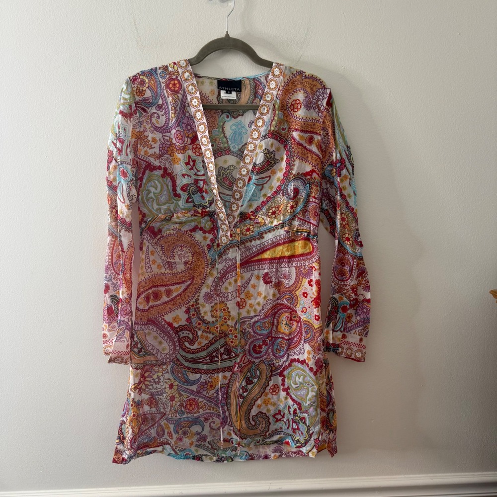 Vintage 90s Athleta Silk Blend Paisley Tunic V-Neck cover up Boho Small